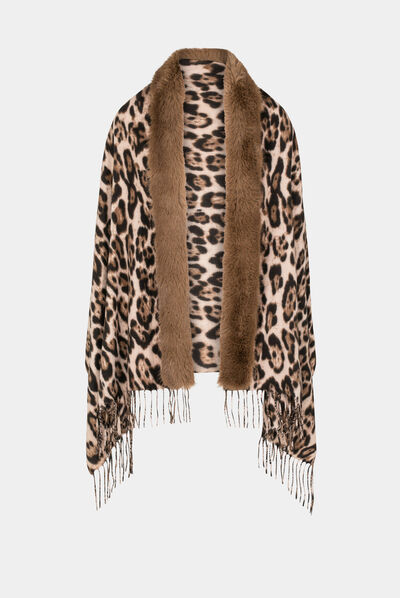 Poncho with fringes and leopard print chestnut brown ladies'