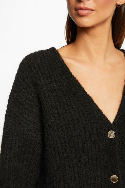 Straight buttoned cardigan with V-neck black ladies'