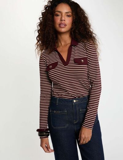 Striped long-sleeved polo bordeaux women