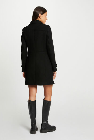 Straight coat faux leather details black ladies'