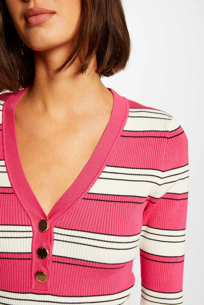 Short-sleeved jumper with stripes fuchsia ladies'