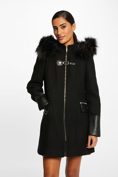 Straight zipped coat with hood black ladies'