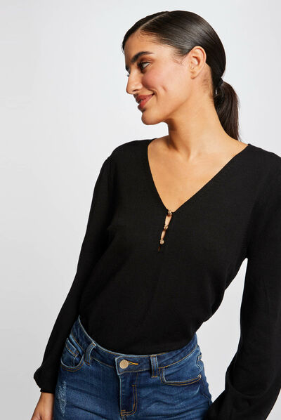 Long-sleeved jumper with V-neck black ladies'