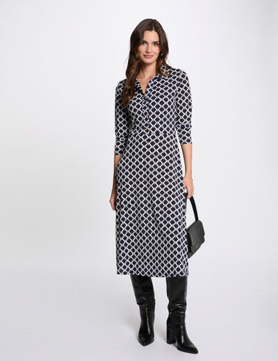 Printed straight midi dress navy blue women
