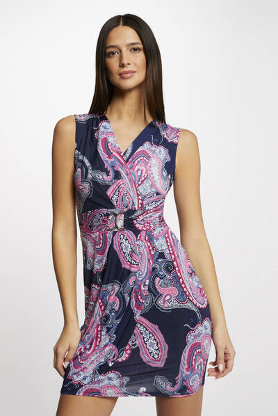 Draped fitted dress paisley print navy ladies'