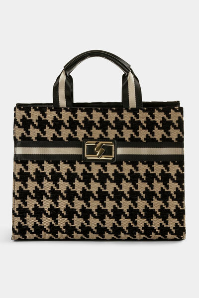 Tote bag with houndstooth print chestnut brown ladies'