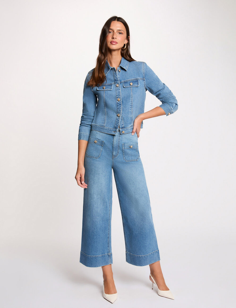 Wide-leg high-waisted jeans denim stone women