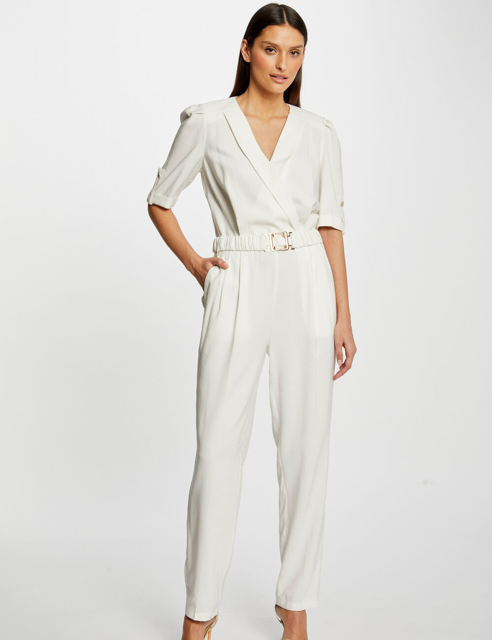 Combinaison droite avec ceinture ecru femme