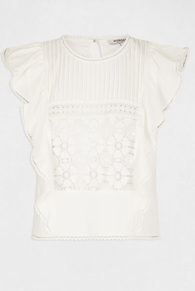 Short-sleeved t-shirt with ruffles ecru ladies'