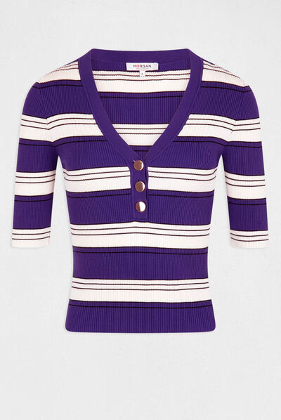 Short-sleeved jumper with stripes purple ladies'