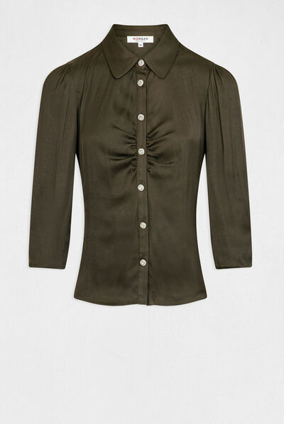 3/4-length sleeved satin shirt dark green ladies'