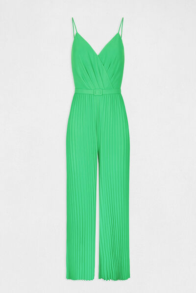 Wide leg pleated jumpsuit with open back green ladies'