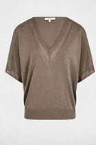 Pull col en V manches courtes vert kaki femme