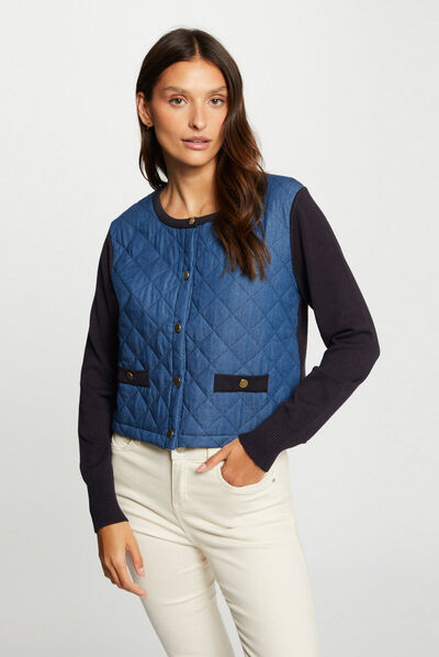 Long-sleeved cardigan with denim front navy ladies'