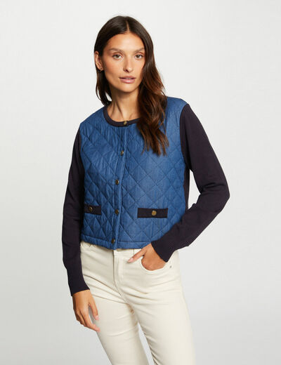 Long-sleeved cardigan with denim front navy ladies'