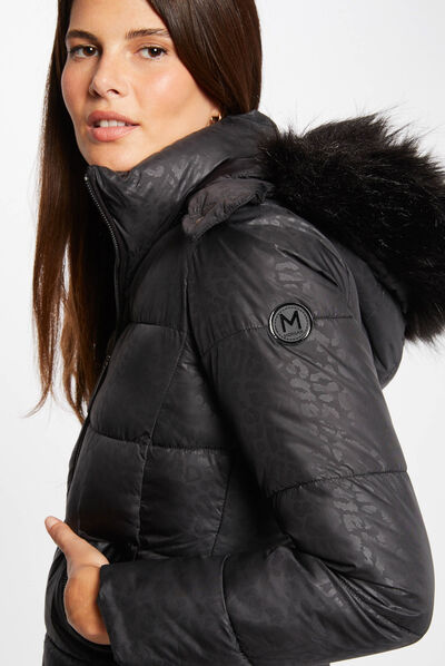 Straight padded jacket leopard print black ladies'