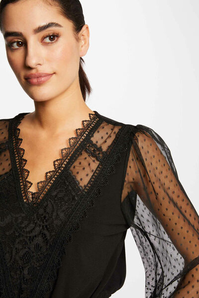 Long-sleeved t-shirt with dobby spot black ladies'