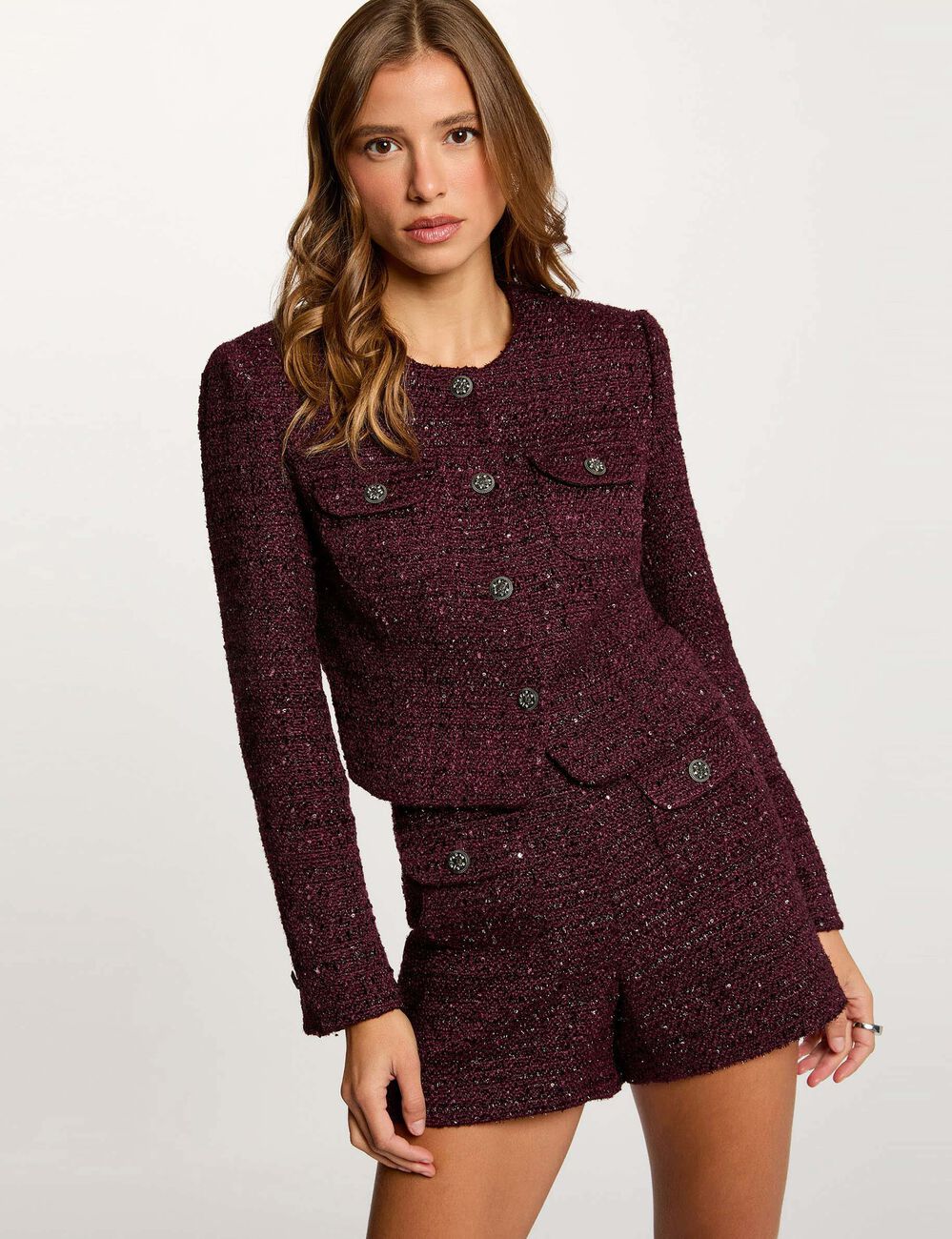 short tweed taille haute prune femme plum women