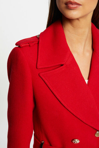 Long belted straight coat with buttons red ladies'