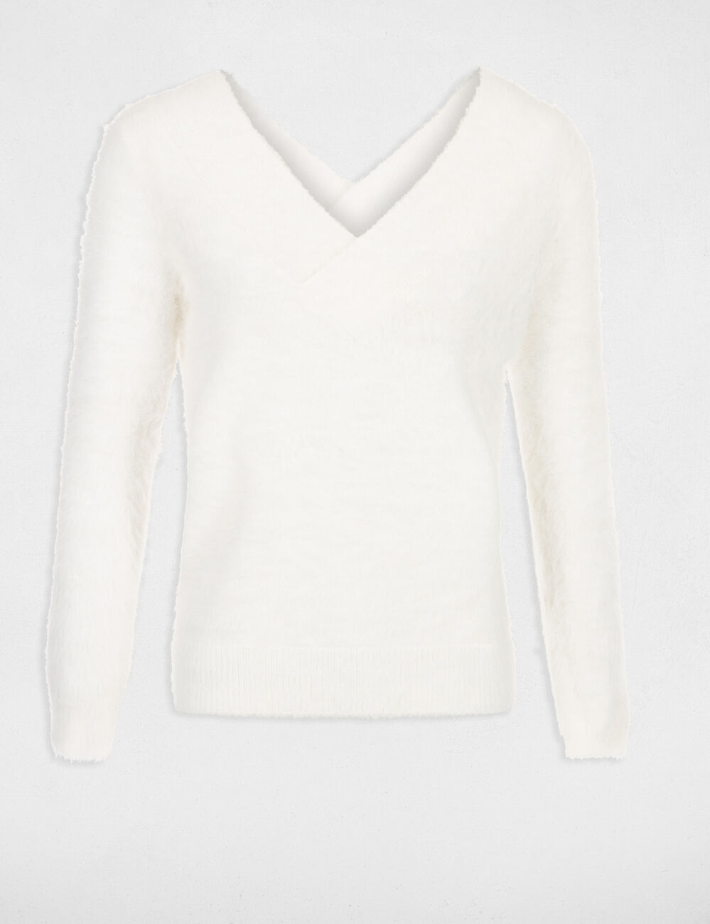 Fluffy knit jumper V-neck front and back ivory women