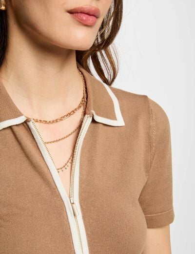 Jumper zipped polo collar sand women