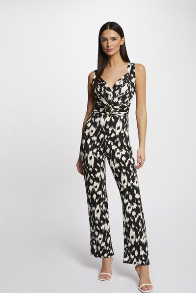 Waisted jumpsuit abstract print black ladies'