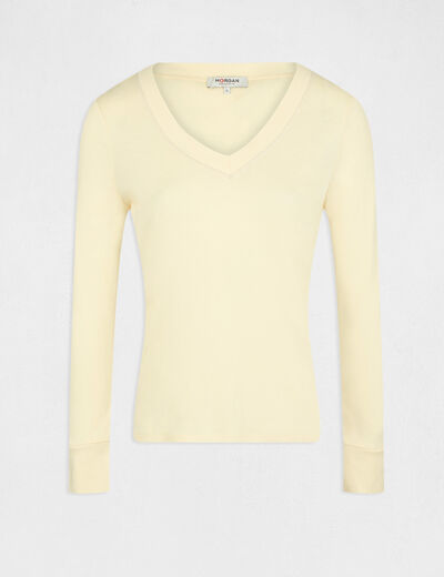 Long-sleeved t-shirt with V-neck straw yellow ladies'