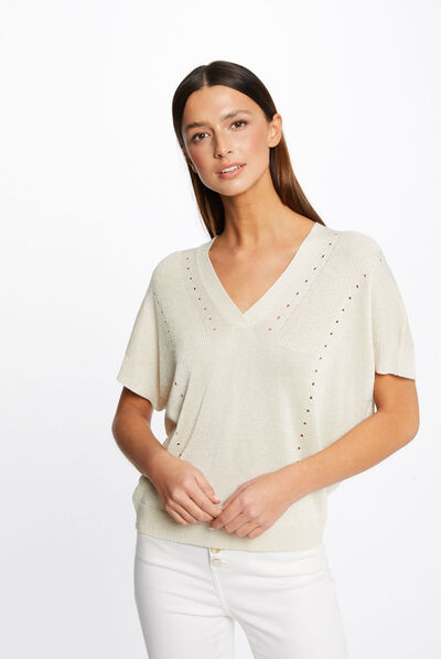 Short-sleeved jumper with V-neck beige ladies'