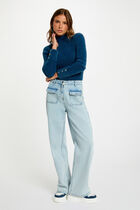 Long-sleeve fuzzy knit sweater petroleum blue women