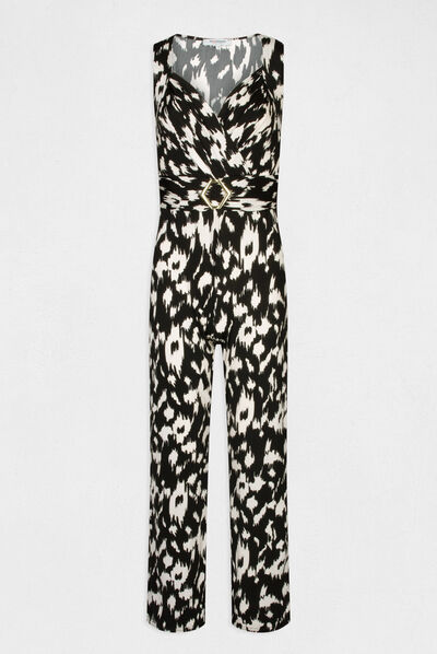 Waisted jumpsuit abstract print black ladies'