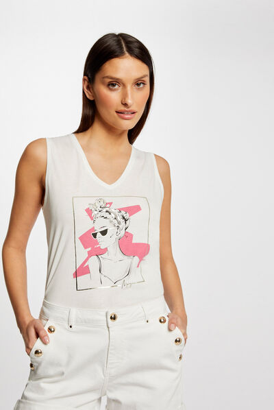 Vest top wide straps with message ecru ladies'
