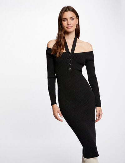 Fitted jumper dress off shoulder collar anthracite grey women