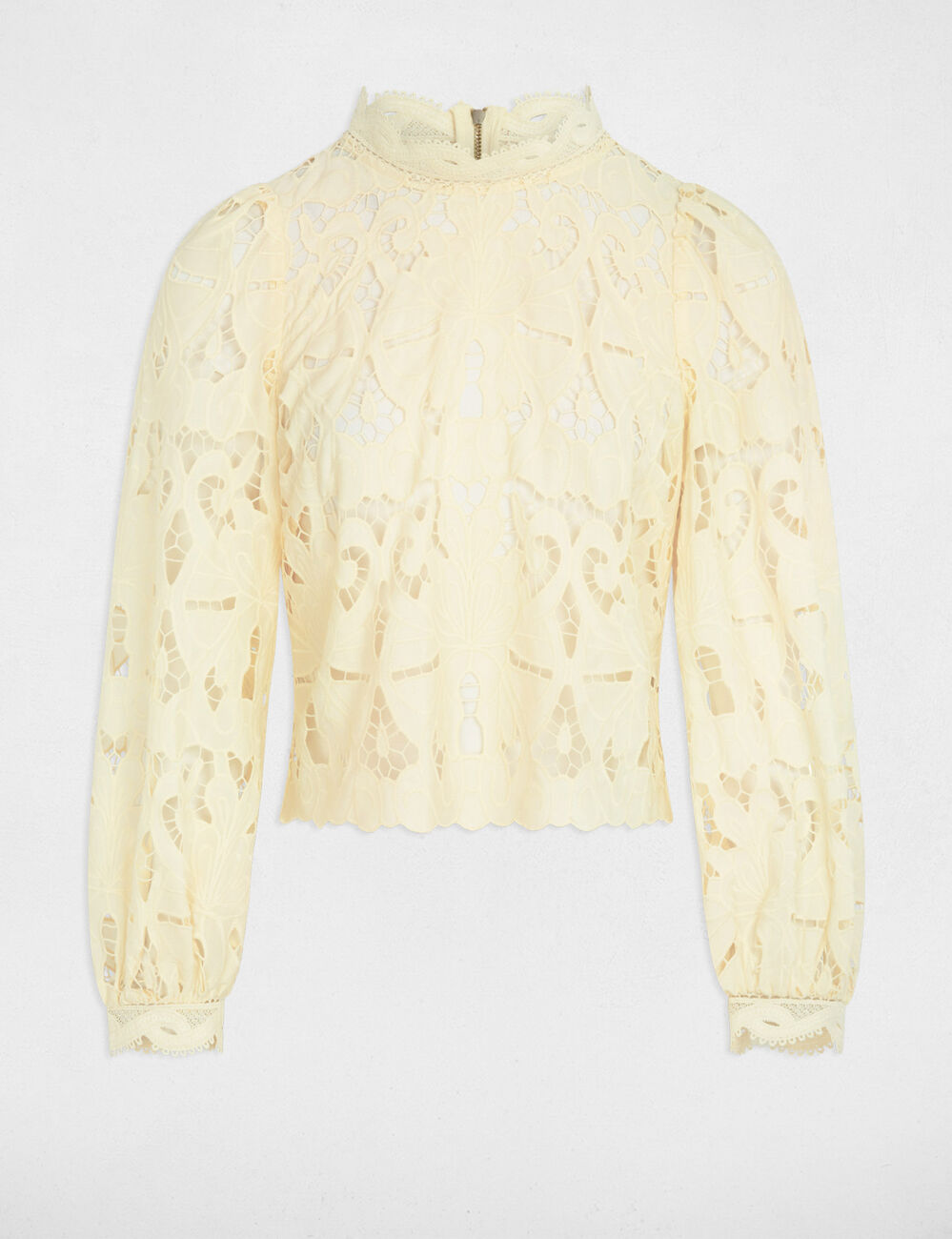 Embroidered blouse with high neck pastel yellow women