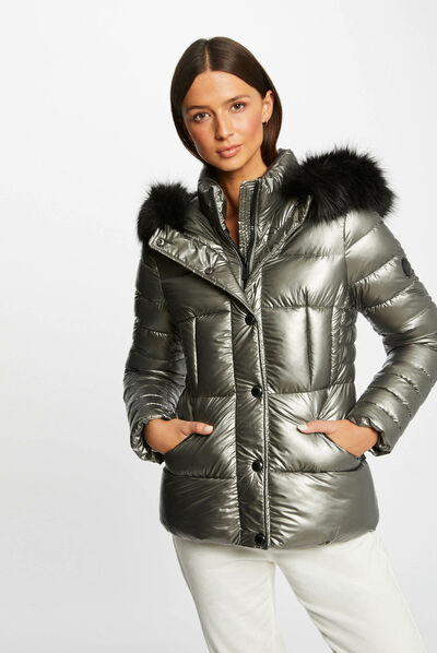 Metallised waisted padded jacket mid-grey ladies'