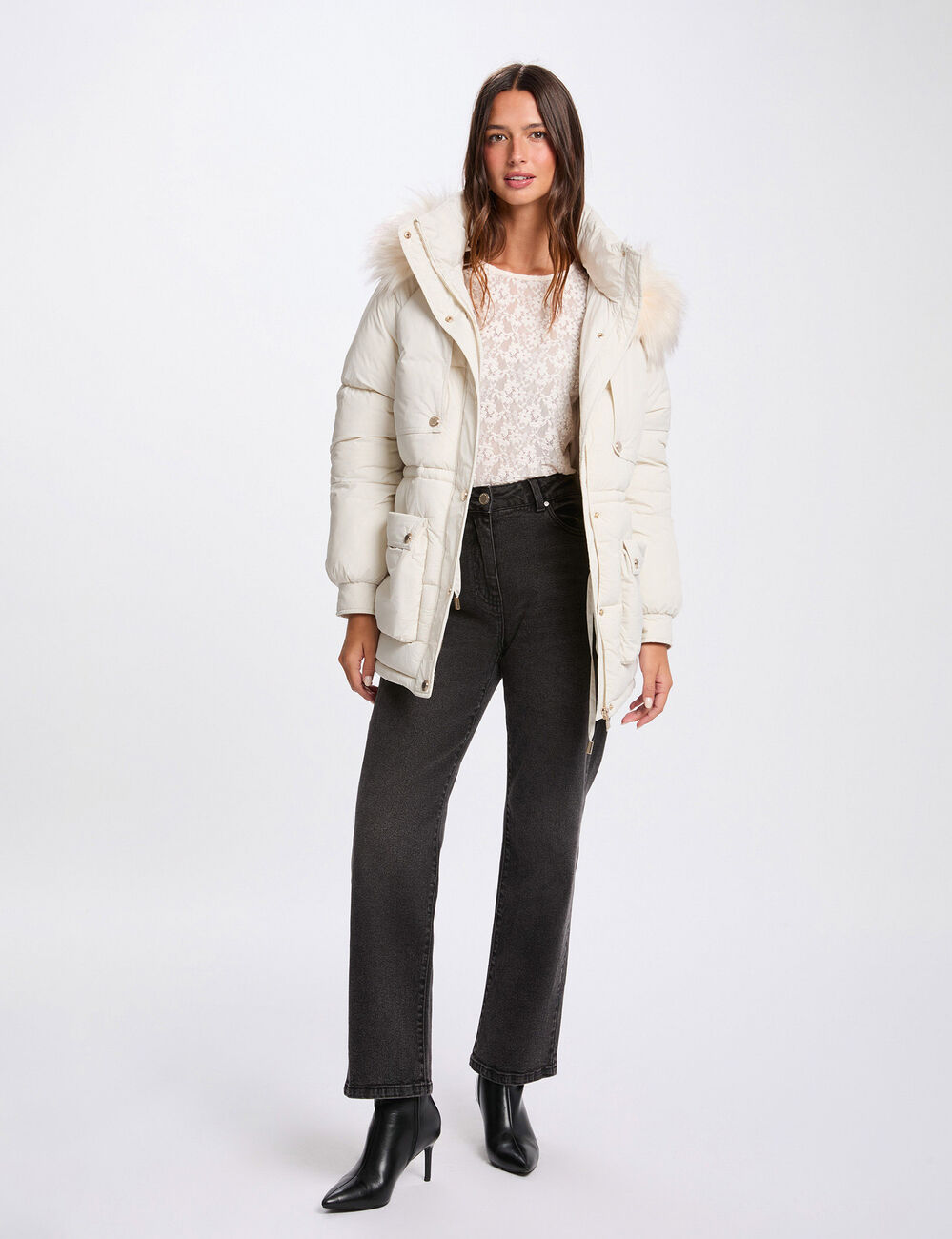 Straight mid-length puffer ivory women