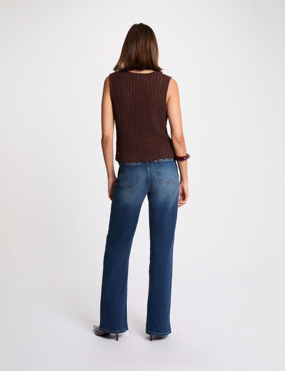 Sleeveless openwork cardigan dark brown women