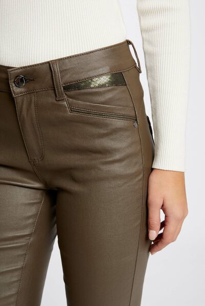 Skinny trousers with wet effect khaki green ladies'