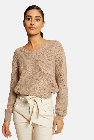 Long-sleeved jumper with V-neck taupe ladies'