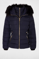 Waisted padded jacket hood navy women