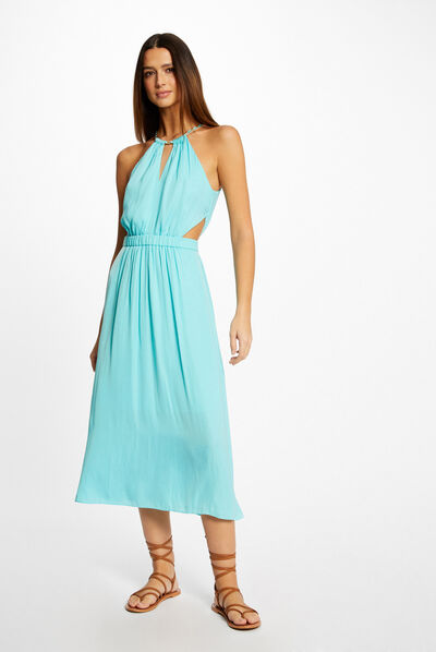 Midi A-line dress with halter neck light blue ladies'