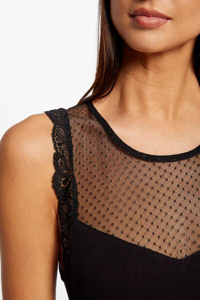 Vest top wide straps with dobby spot black ladies'
