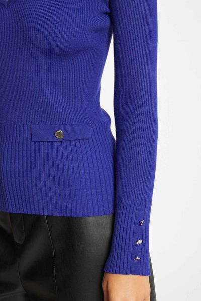 Long-sleeved ribbed jumper with V-neck mid blue ladies'