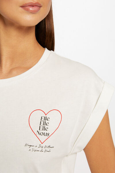 Short-sleeved t-shirt with message ecru ladies'