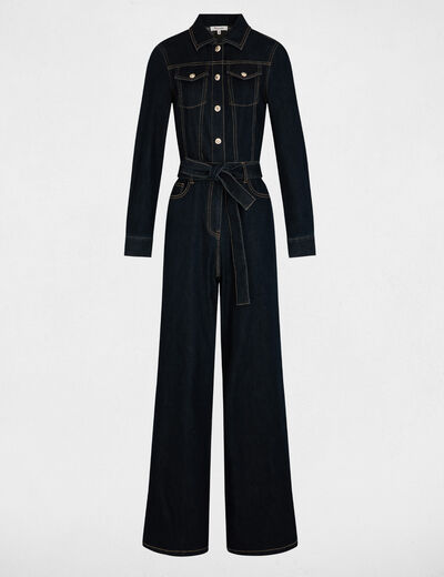 Wide-leg denim jumpsuit raw denim women