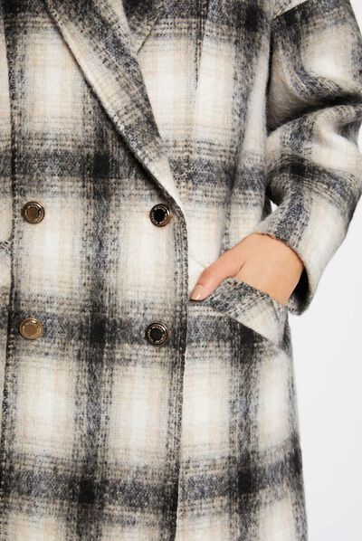 Loose buttoned coat with check print beige ladies'