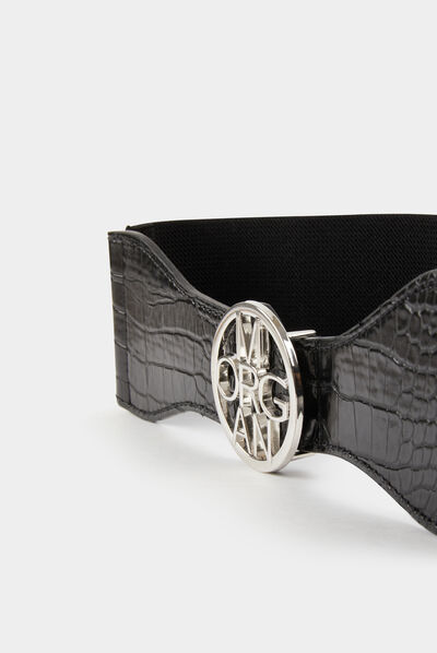 Elasticised belt with logo buckle black ladies'