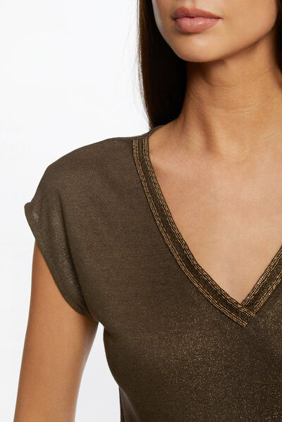 Short-sleeved t-shirt jewelled details khaki green ladies'