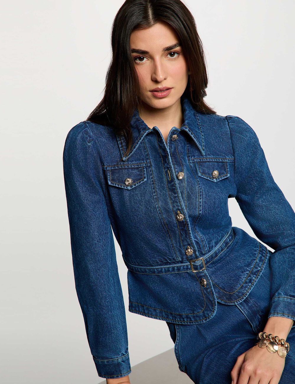 Belted denim jacket denim stone women