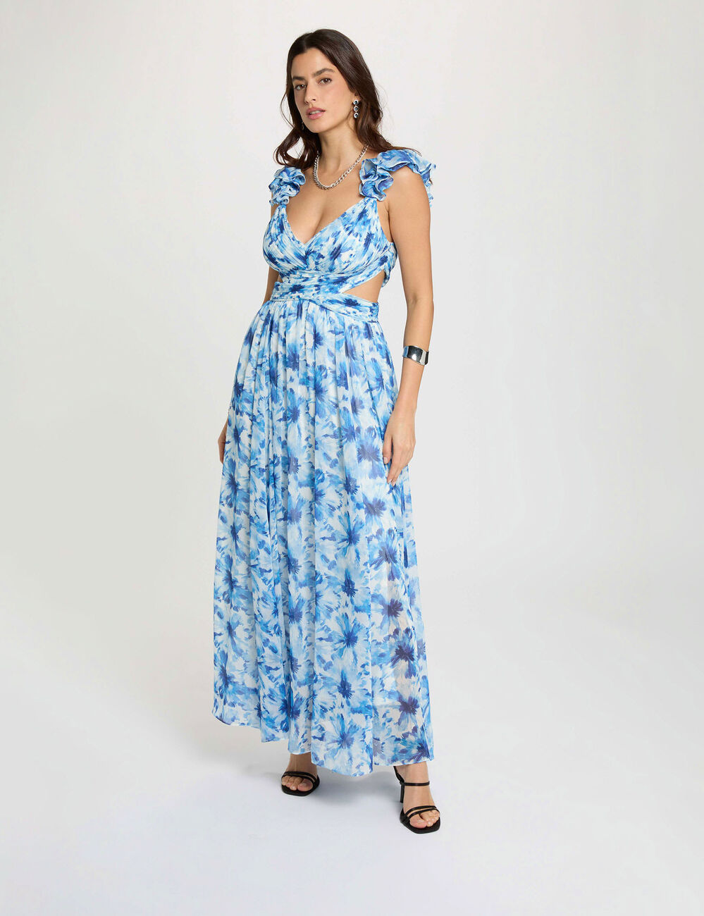 Floral flared maxi dress navy blue women
