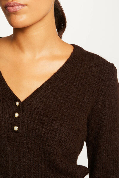 Long-sleeved jumper with V-neck dark brown ladies'